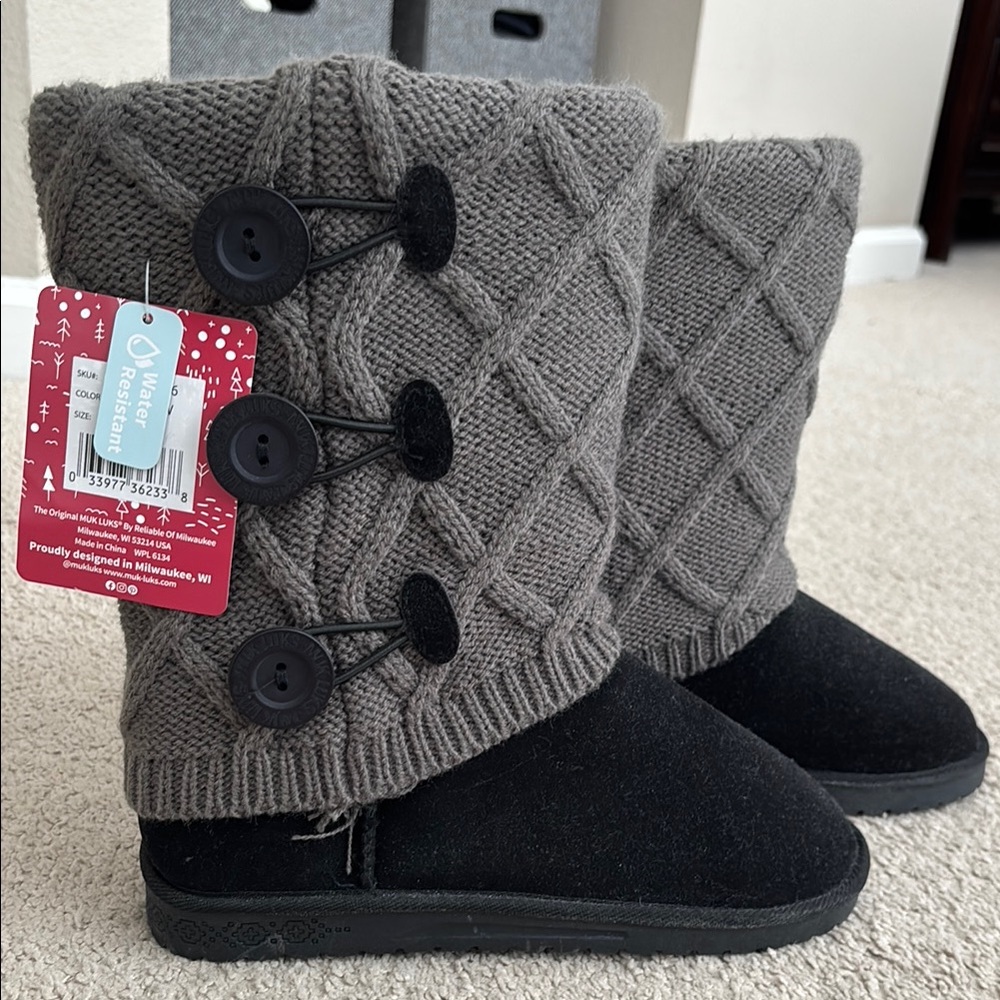 Gray and Black Knit Button Boots